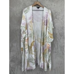 Tahari Womens Cover Up One Size Kimono Tropical Palm Leaf Linen Blend Beach